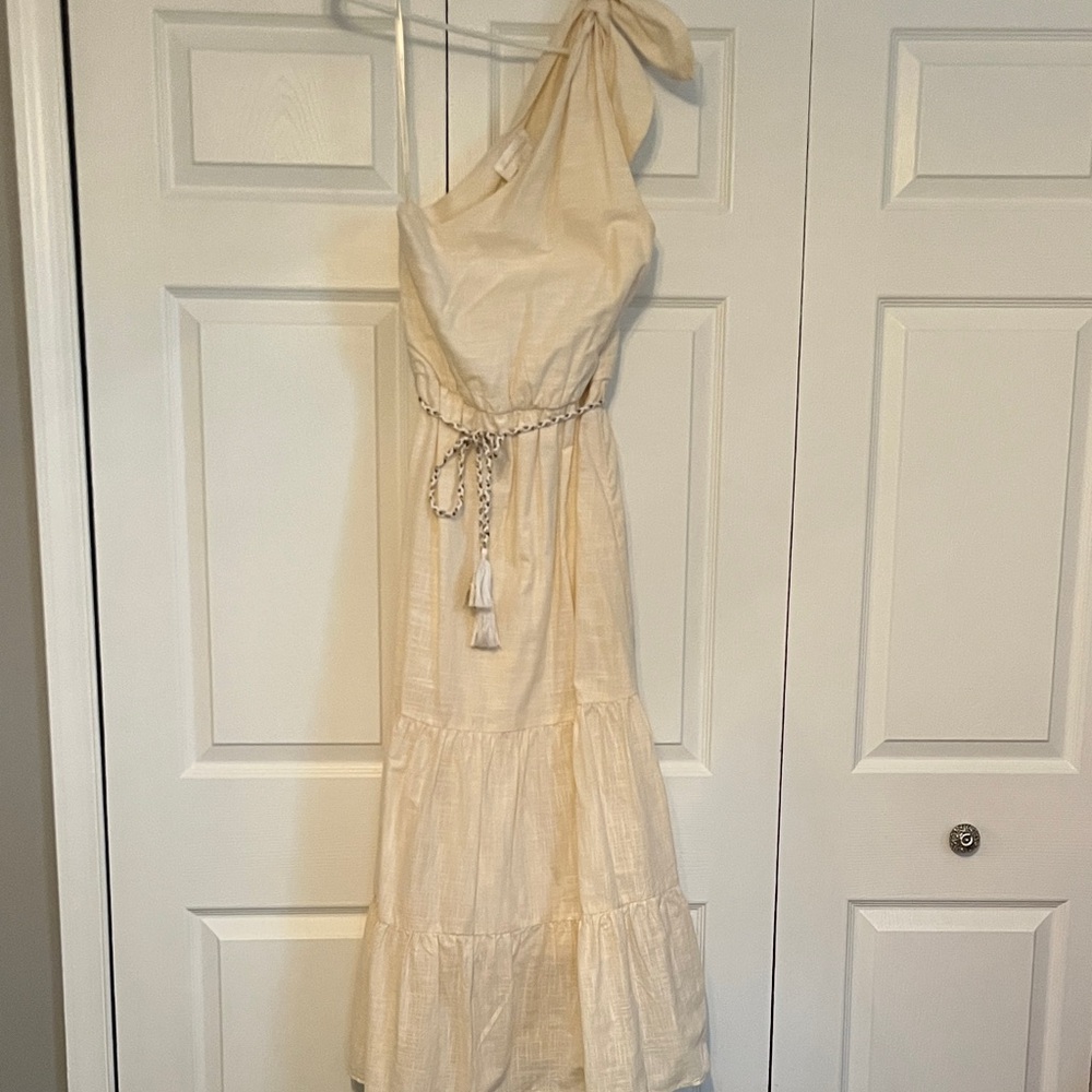 Corey Lynn Calter One-Shoulder Cream Midi Dress with Bow